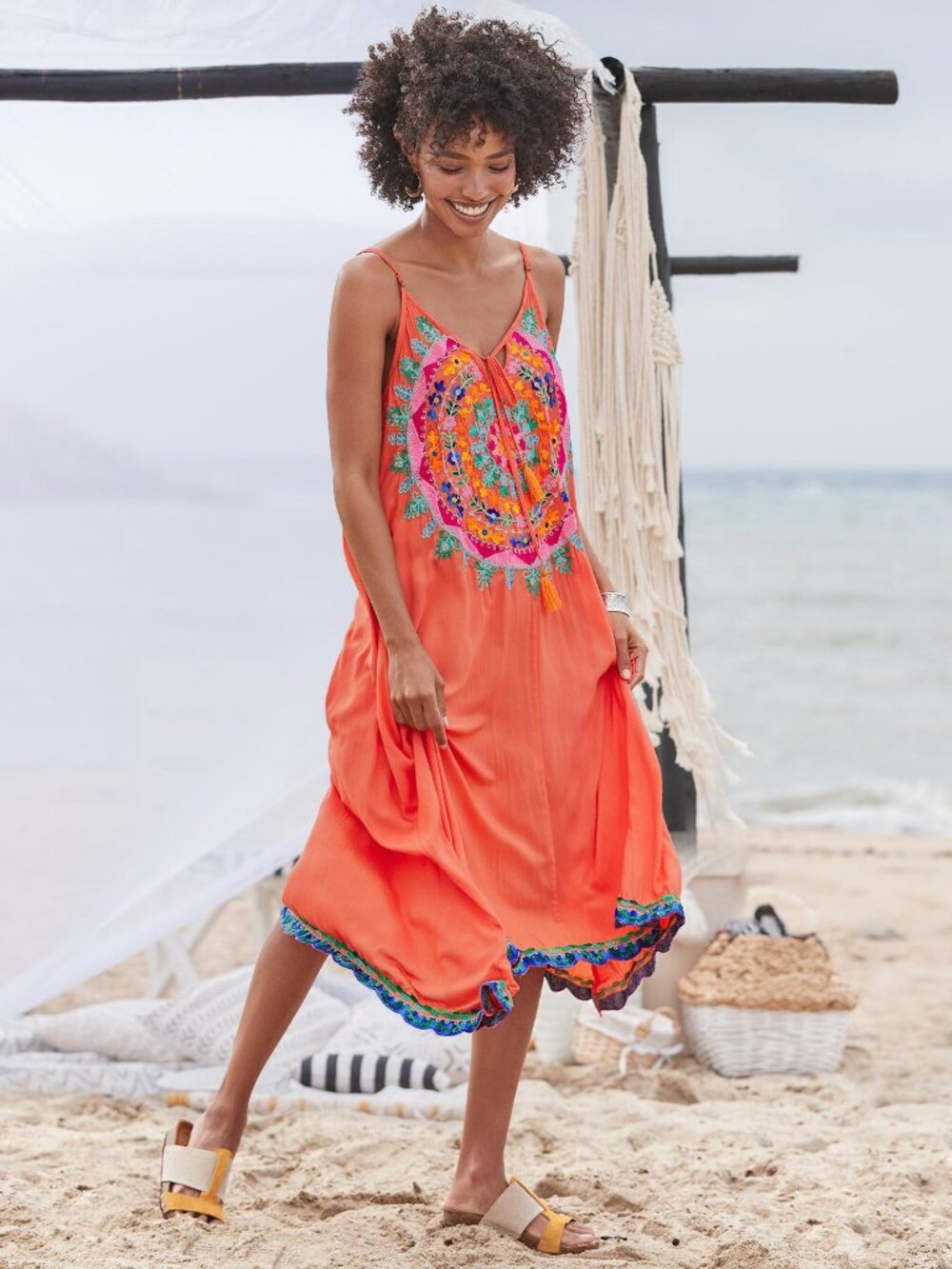 Sundance orange embroidered sun dress Small
